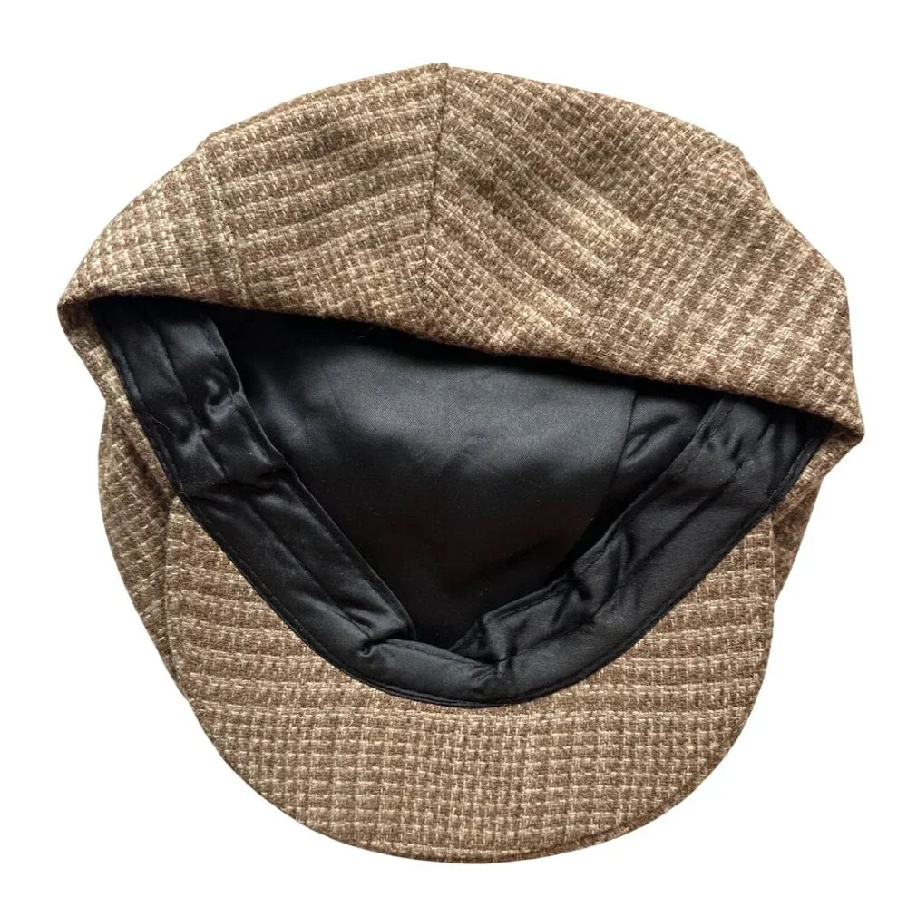 Wool Newsboy Cap Flat Brown Checked Lined Snap Vintage Lake Of The Isles Medium
